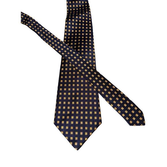 Polo Ralph Lauren Navy & Gold Check Handmade in USA 100% Silk Tie - Picture 1 of 6